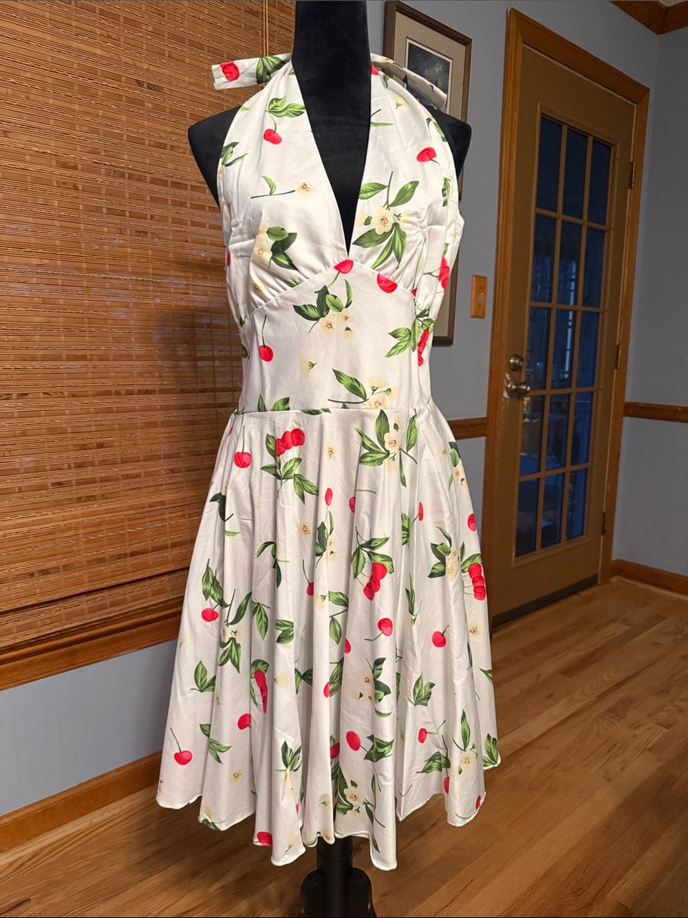 Maggie Tang White Halter Cherry Print Fit-and-Flare Dress - Picture 1 of 7